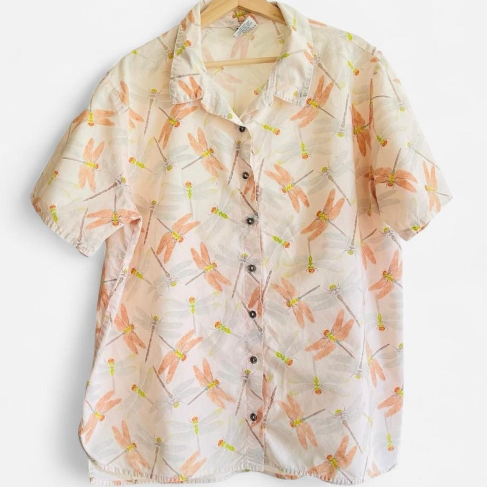 Vintage Tom Tom Peach Tone Dragonfly Print Casual Oversized Button Down Shirt-